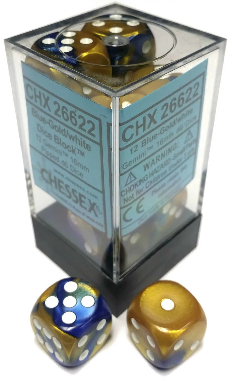 Chessex: Gemini Blue-Gold/White Set of 12 D6 Dice